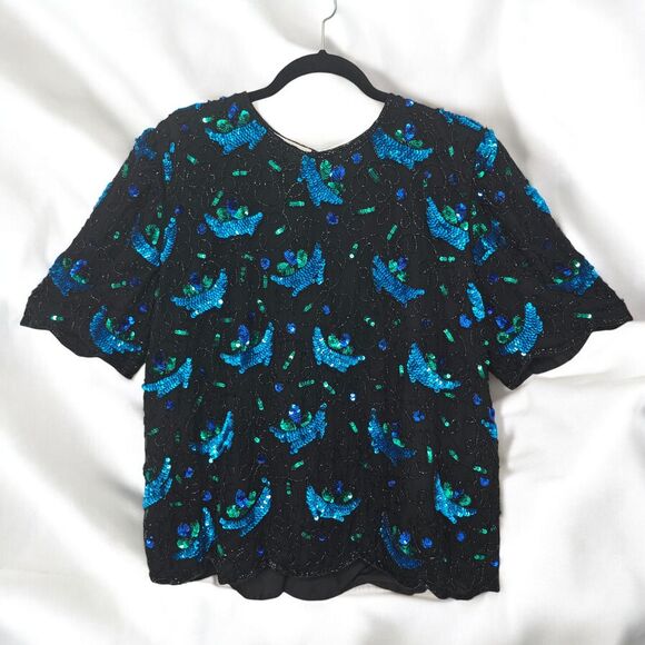 Laurence Kazar Sequins/Beaded Top PL 100% Silk Evening Holiday Black‎ Green Blue - Picture 1 of 10